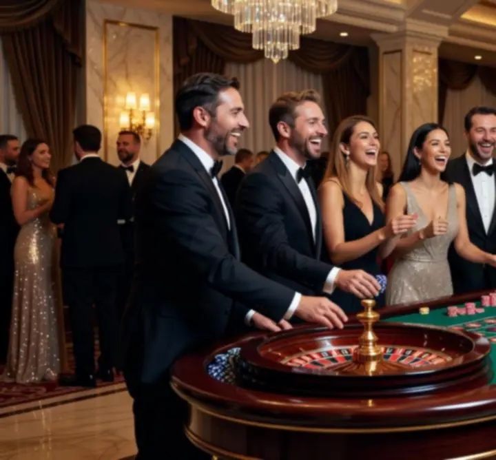 Hosté hrají interaktivní poker u designového kasinového stolu